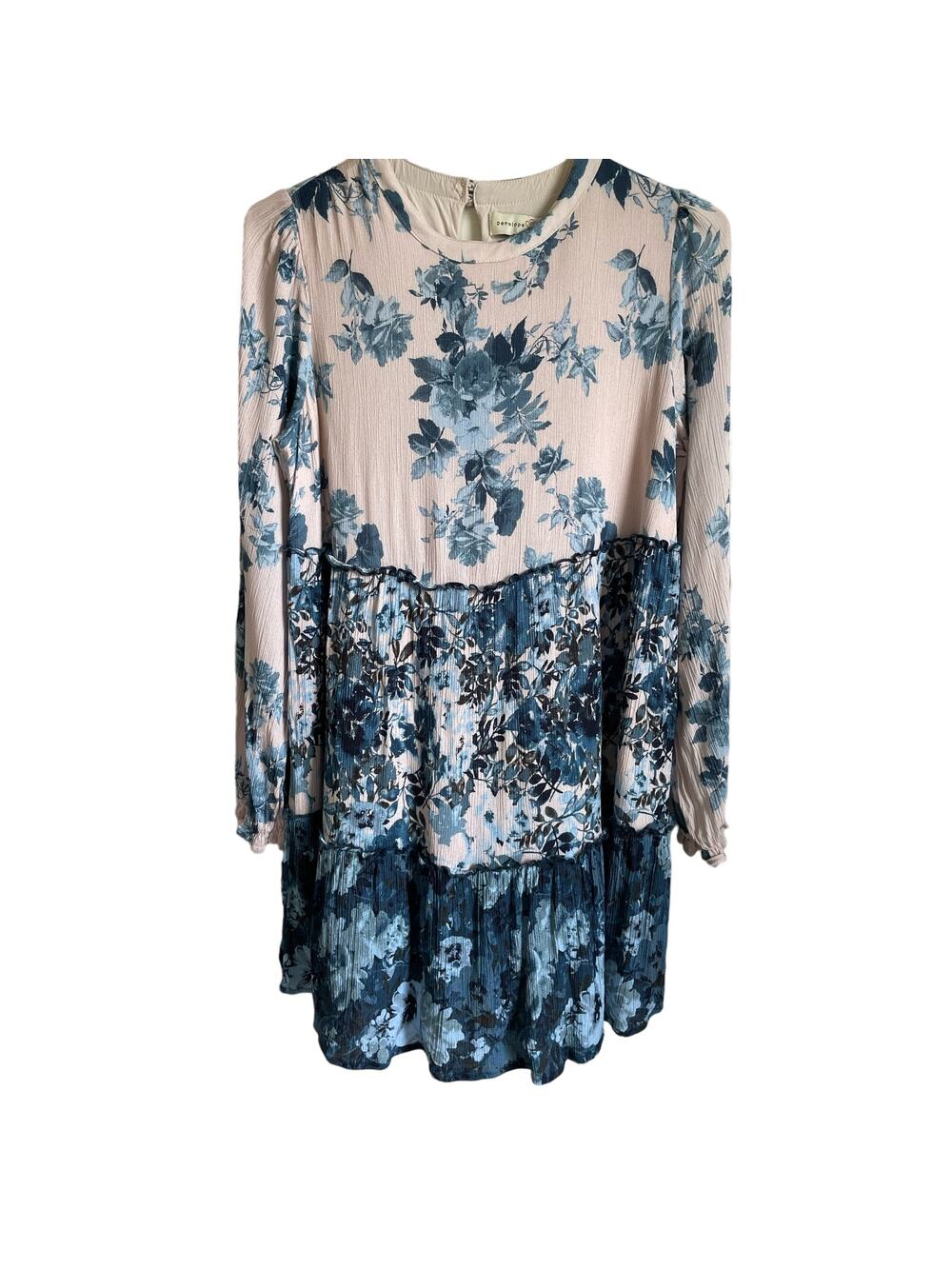 Penelope Rose Mini Dress Sz S Floral Blue Tiered Lined Cottagecore Coquette